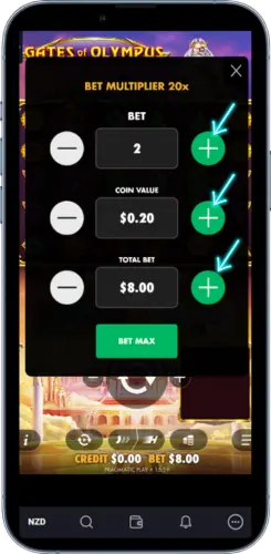 Gates of Olympus bet settings panel showing coin value and total bet controls