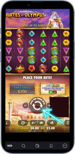 Gates of Olympus slot interface with play button and active reel layout on mobile