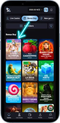 Slot search results with Gates of Olympus visible in a New Zealand casino library