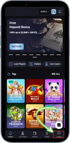 Casino mobile interface with promotions navigation