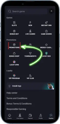 Casino promotions menu displaying active no deposit offers