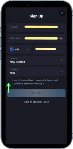 Casino registration form showing New Zealand country and NZD currency selection