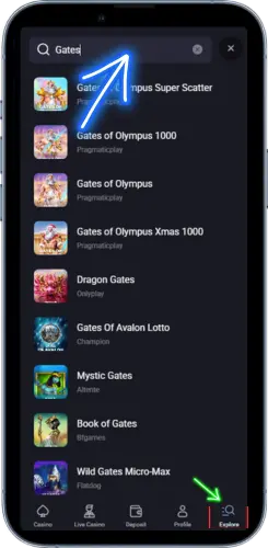 Casino search results with Gates of Olympus selected