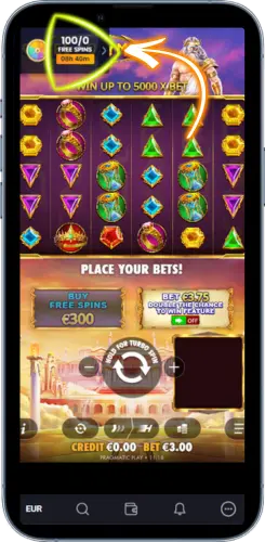 Gates of Olympus slot screen showing active free spins counter